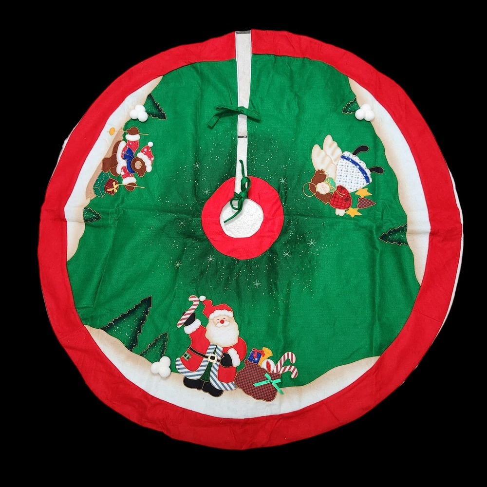 Vintage Hand Made Embroidered Applique Christmas Tree Skirt Santa Angel Bear 40"